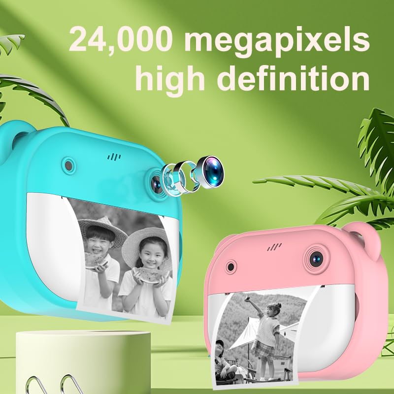 Image of Playpulse 1 Year Warranty Instant Kids Camera - 12MP Digital Print Camera, Photo Printer, Video Recorder, MP3 Player, Fun Filters, Rechargeable Battery & Paper Rolls - Green