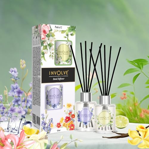 Image of Involve Pura - Reed Diffuser Set (Pack of 2) - English Lavender & Irish Jasmine - 120 ml | Oil Diffuser with Free 10 Reed Sticks | Room Freshener for Home, Bedroom, Living Room & Office | Gifts Set