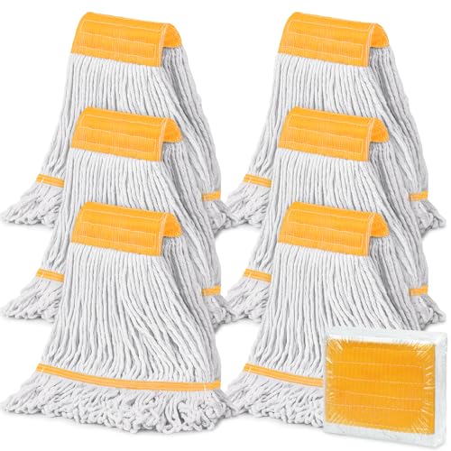 6PK Heavy Duty Commercial Mop Head Replacement- Loop End Cotton Blend String Refill for Side Loading & Clamp Style Mops Restaurant  Janitorial & Industrial Cleaning(Yellow)