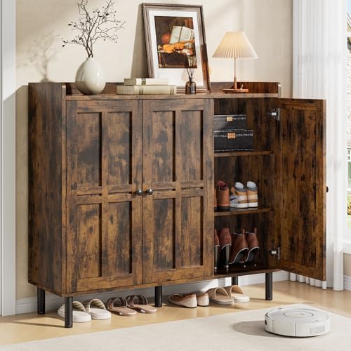 Shoe Cabinet with 3 Doors and Adjustable Shelves, 30 Pairs Shoe Storage Cabinet, 40 Inch Tall Farmhouse Shoe Rack Shoe Organizer Cabinet for Entryway Living Room Closet, Rustic Brown