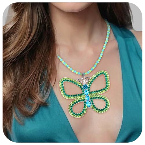 Sparkly Green Butterfly Choker Necklace, Large Wonderful Green Rhinestone Butterfly Necklace Pendant Women Rhinestone Costume Jewelry for Halloween4