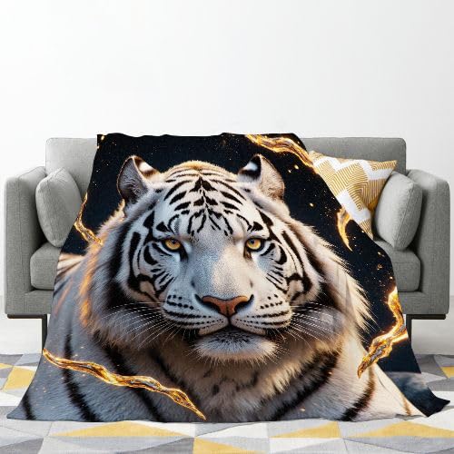 Podwójny koc flanelowy, gruby, 150 x 200 cm, biały tygrys, miękki, przytulny, pluszowy koc na sofę, na łóżko, narzuta w podróż, kanapę, lekka narzuta termiczna, 150 x 200 cm, dla dorosłych i