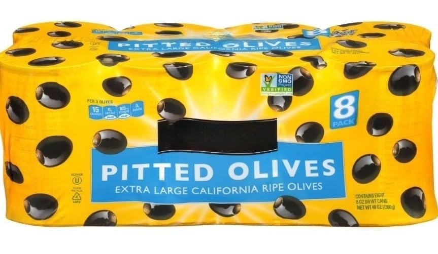 Extra-Large Pitted Olives , This convenient pantry pack holds eight 6 oz * 8 PK (170g) drain weight cans . Extra-Large sized pitted black olives. 8 count .. Total Net Wt [ 48 oz , 3 lb ]