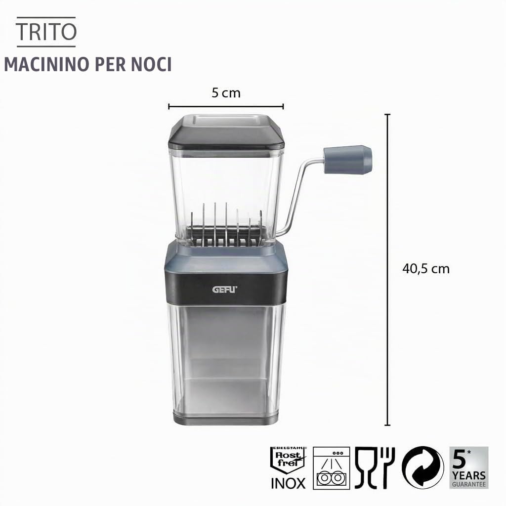 GEFU Trito - Macinasce in acciaio inox con manovella, per noci, mandorle, cioccolato, biscotti, con cassetto di raccolta, lavabile in lavastoviglie
