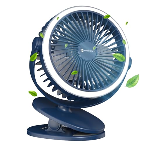 Image of Portronics ClipCool Portable Rechargeable Clip-On Fan with Ring LED Light, Type-C Charging, 360 Rotation, 3 Speed Modes Up to 3000 RPM, BLDC Motor, Up to 4 Hour Playtime, for Home,Car & Office, Blue