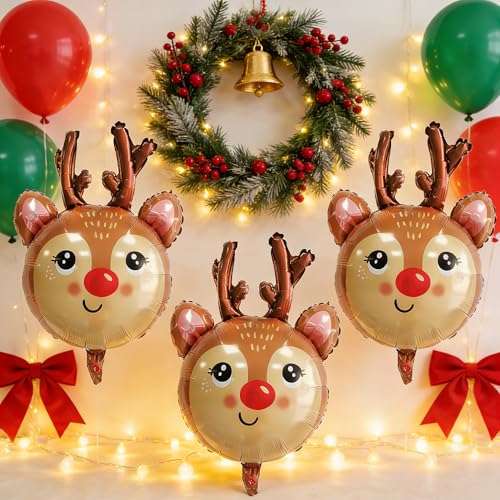 Image of Reindeer Balloons Christmas Balloons Elk Deer Head Foil Balloons for New Year Christmas Themed Party Decoration Supplier, Birthday Party Festival Balloons Sets 3Pcs