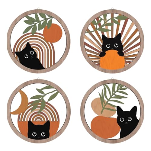 Déco murale chat noir en bois style boho | Lot de 4 tableaux géométriques abstraits
