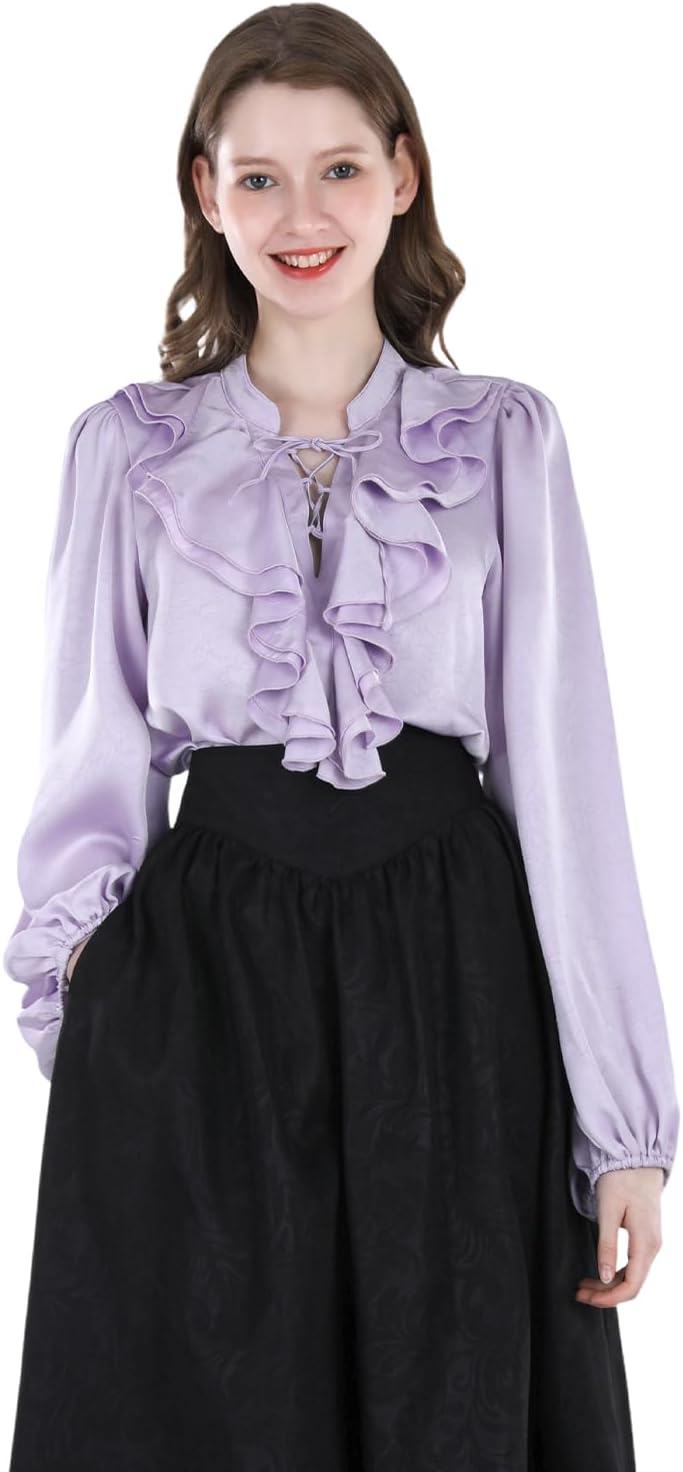 CR ROLECOS Women Victorian Blouse High Collar Lace Ruffled Shirt Tops - Image 2
