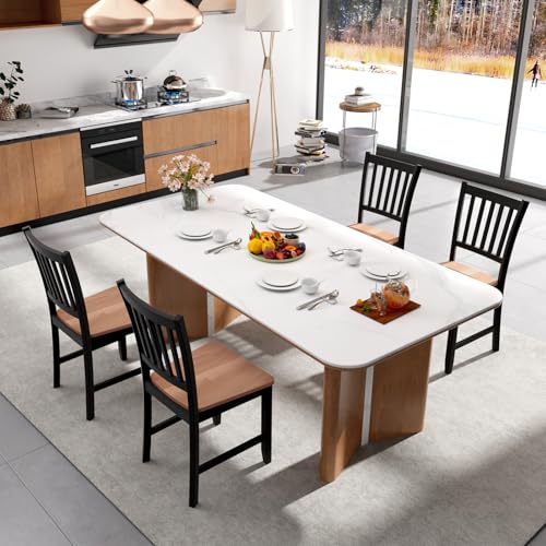 Image of COSTWAY Dining Chairs Set of 4, Mid Century Modern Dining Room Chairs with Solid Rubber Wood Legs and Curved Backrest, Kitchen Chairs for Home, Living Room, Restaurant, Black & Walnut