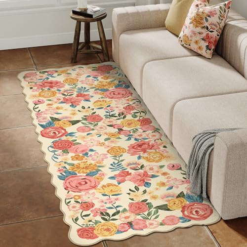 HUGEAR Beige Flur Teppich 60x180cm Blumenmuster Läufer Blumen Boho Neutral Moderner Weich rutschfest Waschbarer Langer Teppiche Schlafzimmer Innen Küche Wohnzimmer Bettvorleger Kurzflor Carp