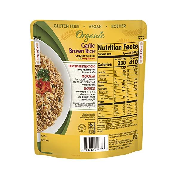 Tasty Bite Organic Brown Rice Garlic, 8.8 Ounce, Pack of 6, Ready to Eat, Microwavable, Gluten-Free Garlicky Rice