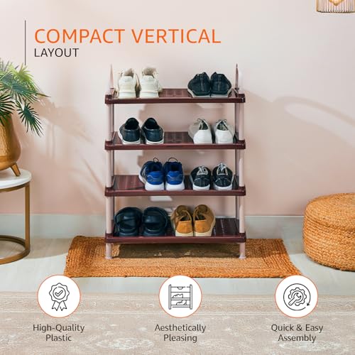 Image of Amazon Basics Multipurpose Plastic Shoe Rack | Durable, Space-Saving & Easy to Assemble Organizer | Brown (Large, 65.7 cm x 27.5 cm x 83 cm)