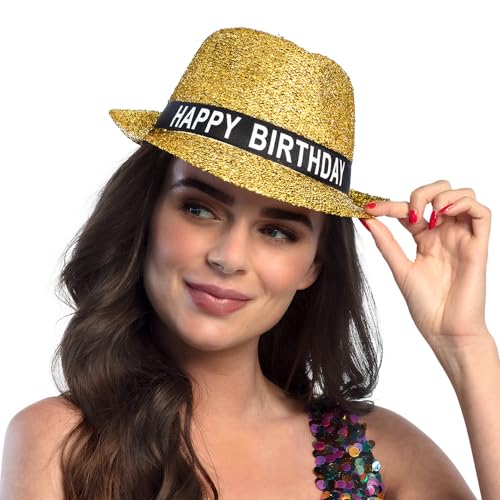 Boland 00941 - Hoed Sparkling Happy Birthday, verjaardag, goud, glitter, zwarte band met wit opschrift, accessoire, cadeau, outfit, feest - Afbeelding 5