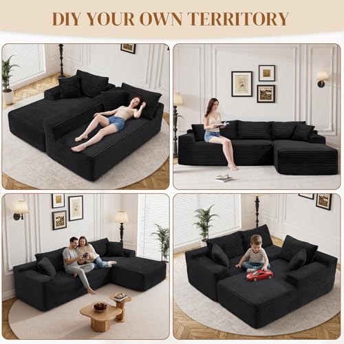 Image of 95 inch L Shaped Boneless Sectional Couches, Wide Armrest, Deep Seat, Memory Foam, Assembly Free, Modern Comfy Corduroy Fluffy Cloud Sofa with Right Chaise for Living Room, Small Spaces, Black