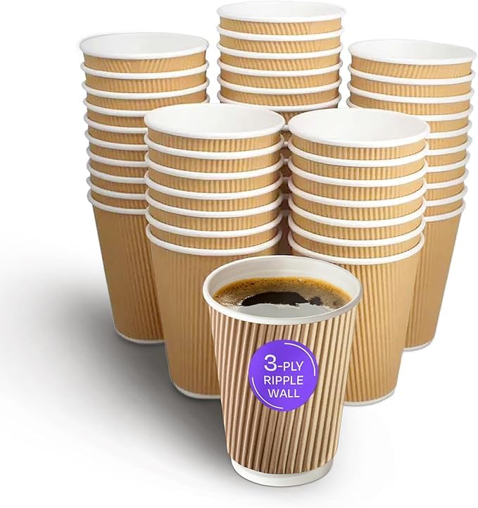 We Can Source It Ltd - 1000 x 8oz Ripple Brown Kraft Paper Cups - Strong 3-PLY Disposable Insulated Coffee Cups - Leak-Proof Recyclable Drinking Cups for Hot Drinks, Tea, Coffee and Beverages