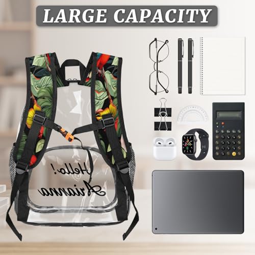 Tropical Bird Parrot Personalized Small Clear Backpack Heavy Duty for Stadium Approved Custom Green Palm Leaves Floral PVC Transparent Backpack with Name See Through Bag for Concerts3