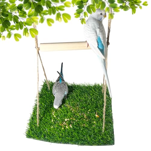 FlidRunest Bird Swing Mat with Wood Perch, Lawn Swing Hammock for Parrot, Simulated Grass Bird Swing Mat Hanging Climbing Hammock for Parakeet, Budgie, Conure, Cockatiel, Lovebird, Canary