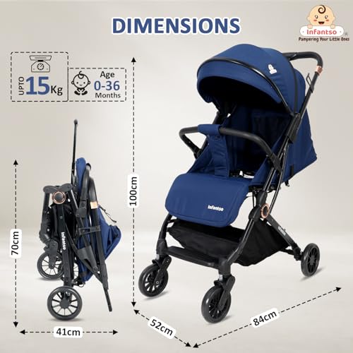 Image of Infantso RIDE-X Premium Baby Stroller / Pram Auto Fold with 5 Points Safety Harness, Multi Level seat Recline & Spacious Cushioned seat, One-Hand Fold and 360 Rotating Wheels, Travel Friendly, Extendable Canopy, Adjustable Footrest, Shock Absorption Wheels, Lightweight Stroller for 0 to 3 Years (Blue)