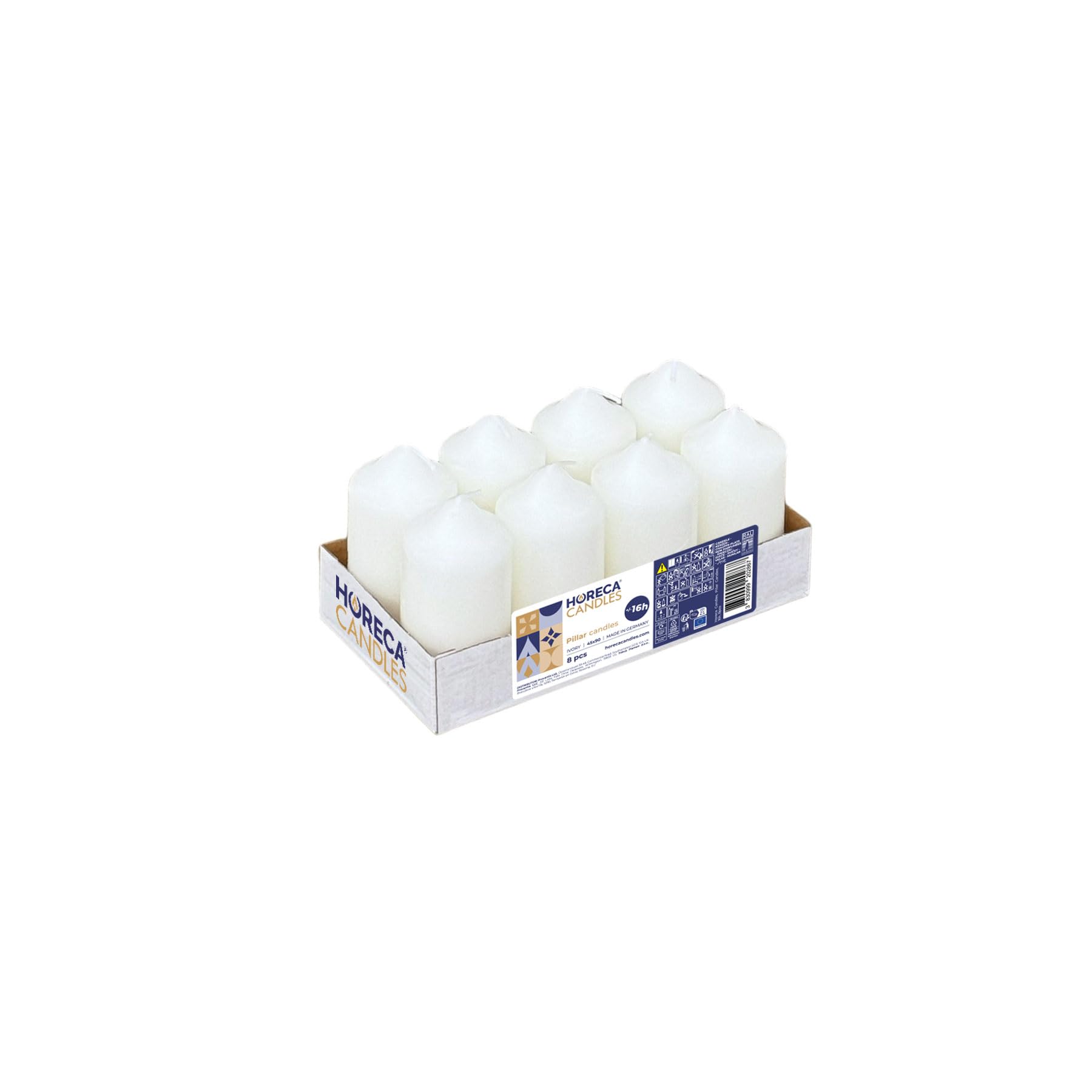 Horeca Candles - Velas de Columna Marfil - Ø 4,5 x 9 cm - Set de 8 Velas Decorativas - Larga Duración 16 Horas - Cera Inodora - Cera de parafina