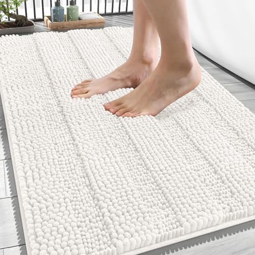 Image of OLANLY Thick Bathroom Rugs 34x21, Extra Soft Absorbent Chenille Striped Bath Rugs, Rubber Backing, Machine Wash Dry, Bath Mats for Bathroom Floor, Tub and Shower, Home Decor Accessories, Ivory