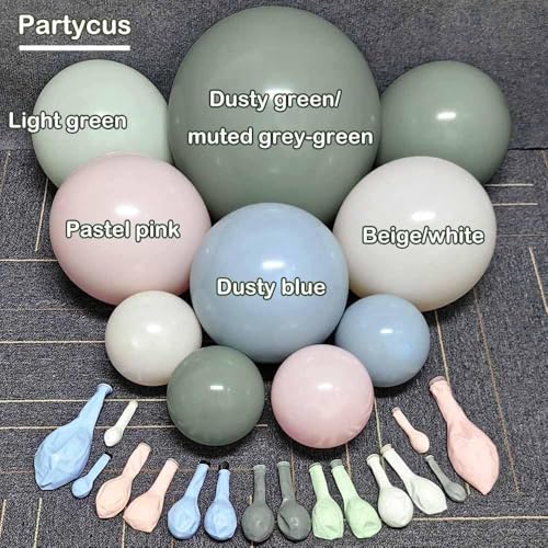 Image of Dusty Green Pink Blue Balloon Arch Double Stuffed Pastel Pink Dusty Blue Light Sage Green White Latex Balloon Garland Kit for Boho Baby Shower Birthday Gender Reveal Tea Valentine Party Decoration