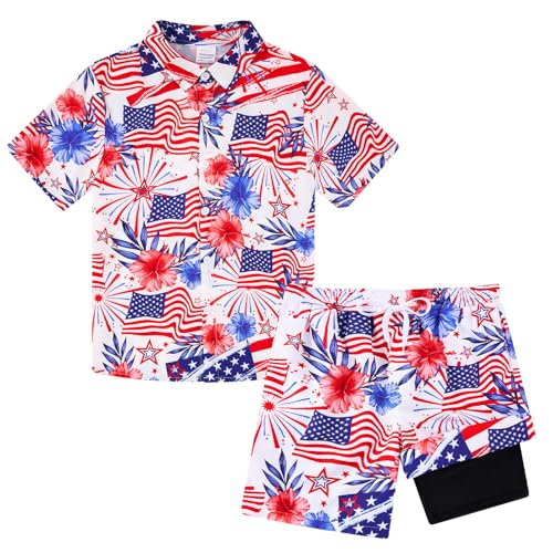 Image of UNICOMIDEA Boys 4th of July Outfits Kids Patriotic Independence Day Tropical Short Sets for 5-12 Years
