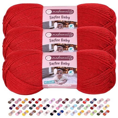 Image of 3 Skeins of Makromecity Softee Baby Yarn,%100 Premium Anti-Pilling Acrylic, 3.5 Oz, 273 yd (100gr /250 mt) Each, Soft Yarn for Crocheting and Knitting (Red, 3 Skeins)