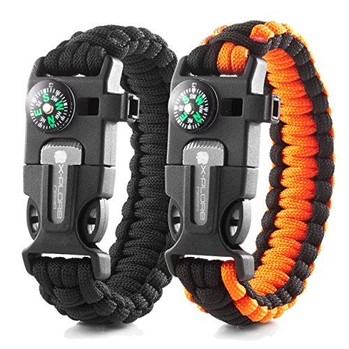 X-Plore Gear Emergency Paracord Bracelets | Set of 2| The Ultimate Tactical Survival Gear| Flint Fire Starter, Whistle, Compass & Scraper | Best Wilderness Survival-Kit - Black(R)/Orange(R)