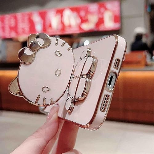 Image of KC Back Cover for Oneplus Nord CE 3 5G - Hidden Mirror Hellow Kitten Folding Bracket Kickstand Electroplated Soft Silicone Camera Protection Case - Pink