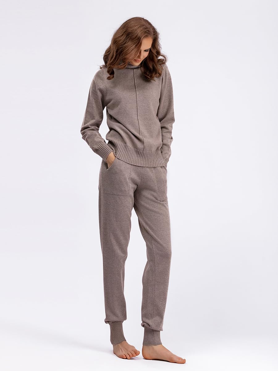 Completo Due Pezzi Da Donna Autunno, Maglione A Coste con Collo Alto Nero, Pantaloni Da Jogging Elastico In Vita E Tasche, Coordinati Per Abbigliamento Casual Invernale, Caldo E Attillato