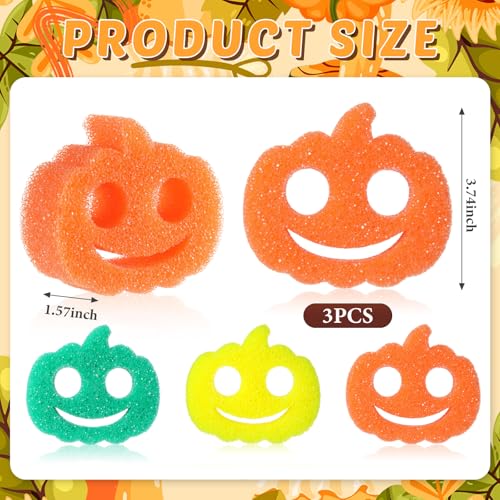 Image of FillTouch 3 Pcs Dual Sided Scrub Sponge Multi Functional Cute Temperature Sensitive Non Scratch Dish Sponge for Washing Dishes Kitchen Bathroom (Thanksgiving Pumpkin,Orange, Yellow, Green)