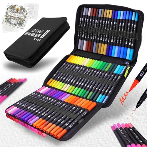 Double Tip Brush Pens Art Markers (72 Colors), Fine Tip Acrylic C...