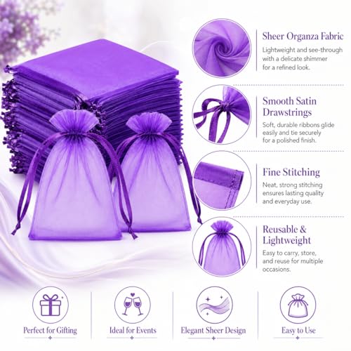 Image of Hopttreely 50pcs Purple Organza Bags, 4x4.72 inch Mesh Bags Drawstring Gift Bags Jewelry Pouches for Candy Wedding Favors Christmas, Bridal Showers, Candy, Jewelry & Goodie Bags