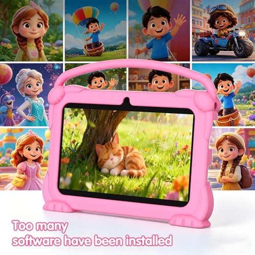 Image of Kids 7 inch Android 12 Tablet - 4GB RAM, 32GB ROM, 1TB Expandable, Toddler Shockproof Case, Parental Control, 1024 * 600 IPS Screen, 3000mAh Battery, Educational & Games, Pink