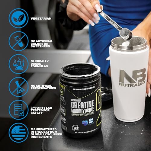 Image of NutraBio Pure Micronized Creatine Monohydrate Powder Supplement, Blue Razz (300 g) - Supports Bulk Muscle Energy, Recovery, and Strength - HPLC Tested Creatine Powder Supplement for Men and Women