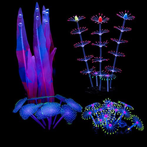 Uniclife 4 Pack Fish Tank Decorations Glowing Effect Aquarium Décor Small Silicone Artificial Coral Plant Ornament