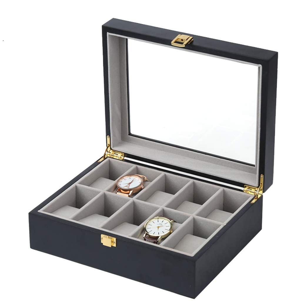 ANVLOJRIH Watch Box for Men - Wooden 10 Slots Watch Case Women Jewelry Display Storage Boxes Showcase Organiser with Glass Top and 10 Pillows