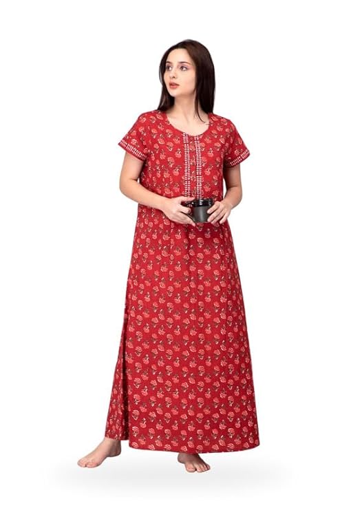 NIHSAMAH Core Style Cotton Night Gown for Women — Premium Printed Stylish Long Cotton Nighty | Comfortable & Fancy Sleepwear, Nightwear, Maxi – Cerise Pink