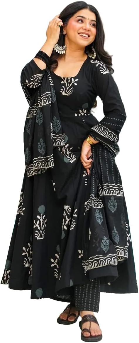 Women's Printed Anarkali Kurta and Trousers with Dupatta Set