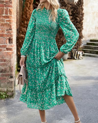 Image of NOLLSOM Women 2026 Spring Dress Floral Boho Dress Casual Long Sleeve Crew Neck Ruffle A-Line Flowy Wedding Guest Maxi Dresses