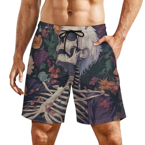 Skeleton Skull in Flowers Beach Shorts for Men Swim Trunks Quick Dry Swim Shorts with Compression Liner Pocket