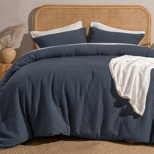 Image of David's Home Textured Summer Waffle Weave Comforter Set, King, Indigo | Cozy Soft Lightweight Breathable Fluffy Durable Hotel Bedding with Pillow Shams for All Season, Luxury Home Decor, Giftable