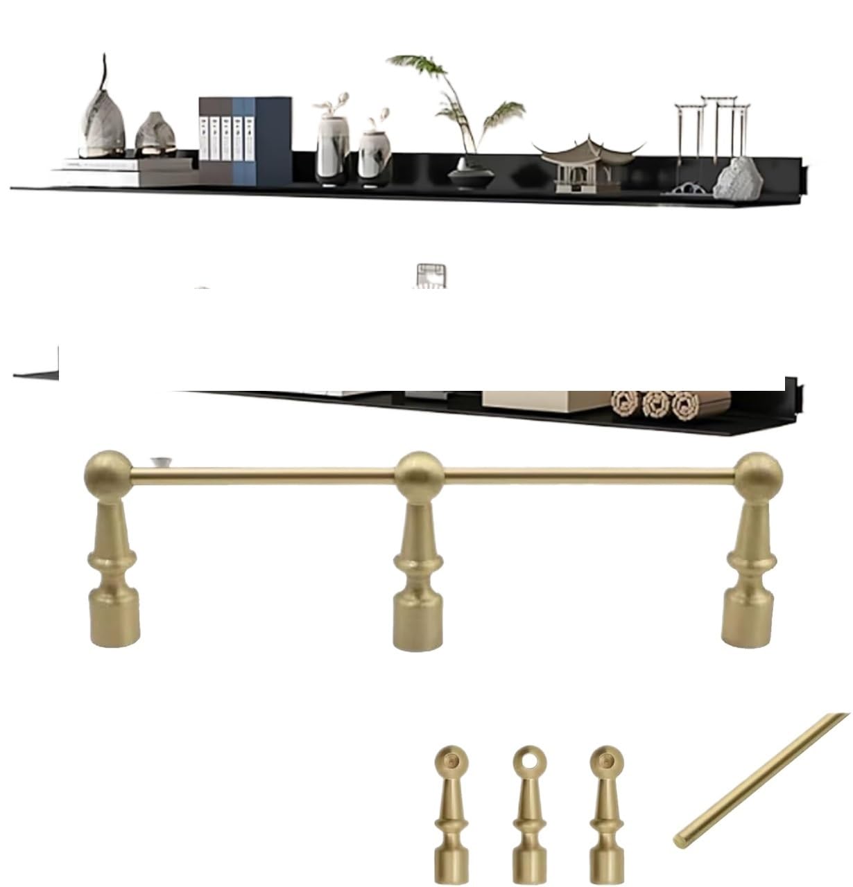 NIUSABOU Aluminum Shelf Guard, Brass Gallery Tipp Rail - Gold, 8-38in Kitchen, Bookshelf, Closet, Wine, Shoe Rack(Gold B,8in/20cm)