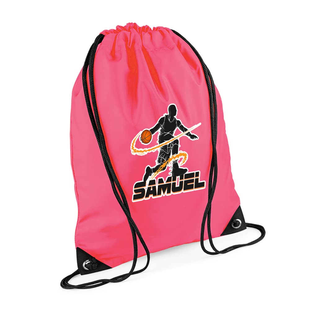 Personalised Basketball Player ANY NAME Sports Lover Gift for Men, Boy, Friend, Birthday present Drawstring Bag, PE Gym Kit Swimming, Sport Rucksack. (Fluorescent Pink)