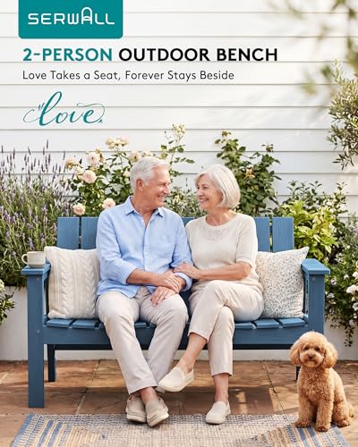 Image of SERWALL 2-Person HDPE All-Weather Outdoor Bench Set of 2, Navy