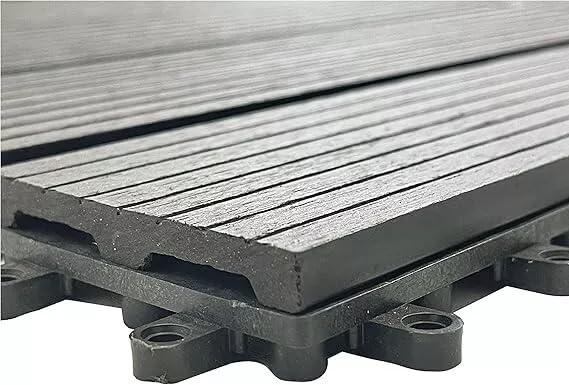 Interlocking Decking Floor Tiles - WPC Plastic Composite for Garden, Patio, Balcony, Terrace Anti-Slip, Waterproof, Click System - Light Brown, Grey, Black, Set of 11, 1m² (Black)