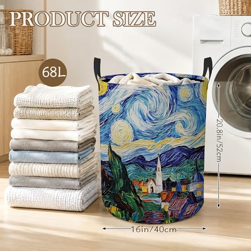 Image of Starry Night Laundry Basket Oxford Cloth Village Laundry Hamper With Handle Foldable Portable Clothes Storage Basket Storage Bag For Laundry Room /Bathroom /Bedroom /Dormitory 20.8 inchx16 inch