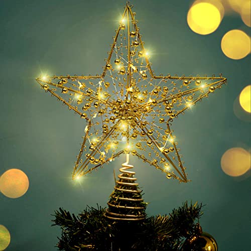 Golden Christmas Tree Star with Christmas Cards, 12" Golden Glittered 20 Bulbs Gold Bead Strand Design, 5-Point Natural Capiz Star Lighted Handmade Christmas Treetop, Christmas Ornament Tree Topper