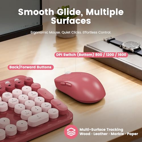 Image of Wireless Keyboard and Mouse Combo, Retro Round Keycaps, Full-Size Stylish Typewriter Keyboard with Large Phone /Tablet Holder, 3-Level DPI Ergonomic Mouse, 2.4GHz Cordless for Windows PC, Rose Pink