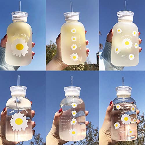 Glazen fles Leuke Melk Sap Cup Bloem Daisy Stro met Schaal Drinkflessen (B, Transparant) - Image 6